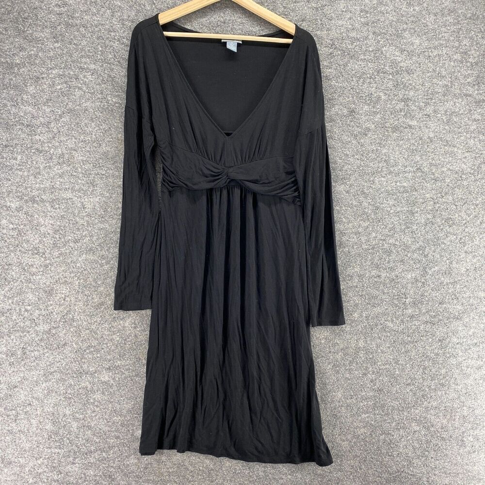 Ellavie Dress Women M Medium Black Sheath Midi V-Neck Long Sleeve Rayon Casual